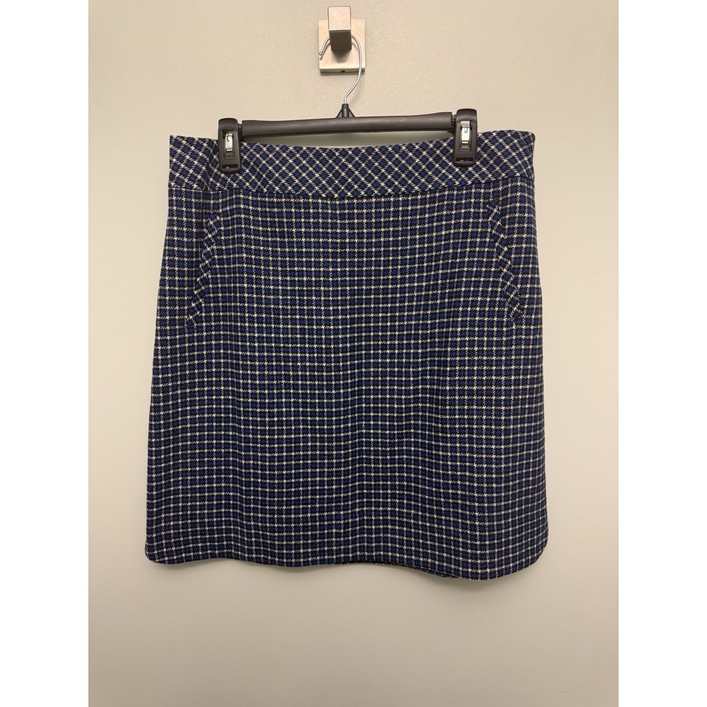 Talbots Houndstooth Wool Blend Pencil Skirt Size 12 Black Blue Plaid Knee Length